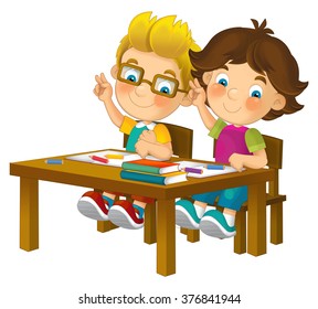 Cartoon kids in school desk - isolated - illustration for the children - Powered by Shutterstock