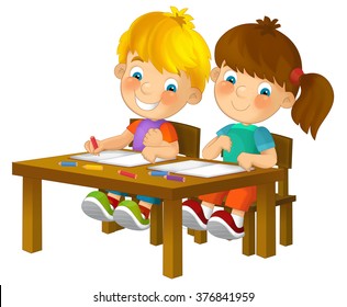 Cartoon kids in school desk - isolated - illustration for the children - Powered by Shutterstock