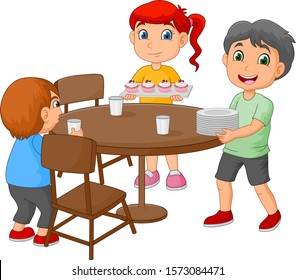 Cartoon Kids Setting The Dining Table By Placing Glasses And Food