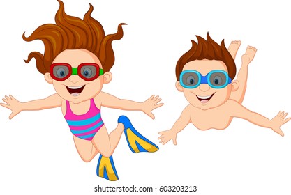 Cartoon Kids Swimming Underwater