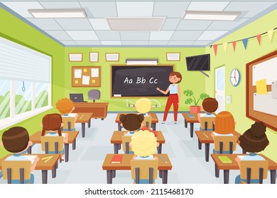 Cartoon kids and teacher in classroom, elementary school pupils studying. Young students listening to teacher at lesson  illustration. Children sitting at desks and learning alphabet - Powered by Shutterstock