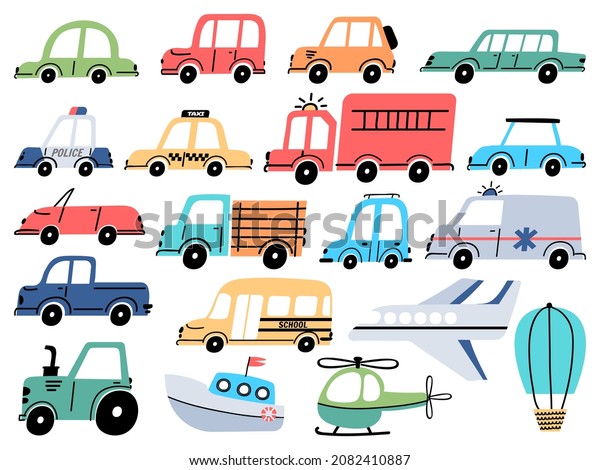 Cartoon kids toy cars police, ambulance, airplane\
and boat. Vehicles, truck, bus and tractor. Flat transport in\
simple baby style set. Childish transportation elements isolated on\
white