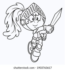 Cartoon Knight Illustration. Cute Kid Knight With Sword And Green Feather On Helmet. Medieval Armor Costume. Chivalry Soldier Uncolored Line Art Image. Coloring Book Or Page For Kids And Children.