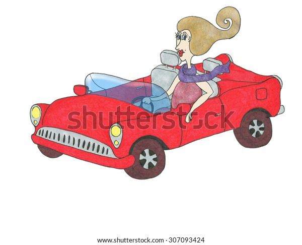 Cartoon lady\
in a red convertible car.\
Isolated.\

