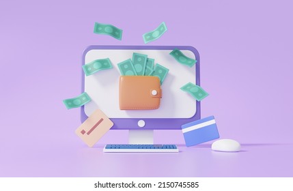 Cartoon Laptop Mockup With Wallet Money Transfer Floating On Purple Background. Online Payments Concept. Business Finance, Investor, Cost, Shopping, E-commerce. 3d Render Illustration