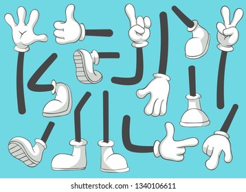 Cartoon Legs And Hands. Leg In Boots And Gloved Hand, Comic Feet In Shoes. Glove Arm And Shoe Heel Kicking Or Walking Black Leggings Mascot  Isolated Illustration Symbols Set