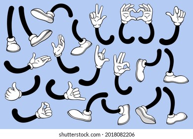 Cartoon Legs And Hands. Leg In White Boots And Gloved Hand, Comic Feet In Shoes And Arm With Various Gestures.  Mascot Elements. Waving And Showing Heart With Hands, Walking Foot