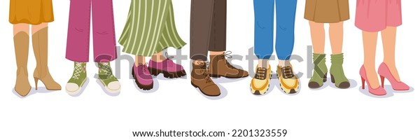 Cartoon legs wearing shoes,\
casual boots, leather loafers and sneakers. People in trendy male\
and female shoes outfits flat illustration. Fashion footwear\
collection