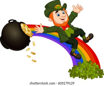 Cartoon Leprechaun Sliding Down The Rainbow