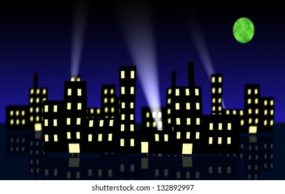 Cartoon Like Illustration Of Cityscape At Night With Search Lights