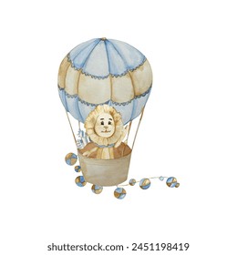 Стоковая иллюстрация: Cartoon Lion in Hot Air Balloon with Garlands. Vintage Style. Watercolor Illustration in Pastel Shades Blue and Beige. for Design Children's Room, Baby Clothes, Packaging, Posters, Flyers, Tableware