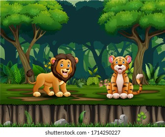 Cartoon lion and tiger living in the jungle