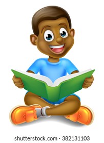 A Cartoon Little Black Boy Sitting Crossed Legged Enjoying Reading A Book