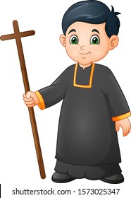 Cartoon little boy altar server in uniform holding a cross