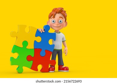 Cartoon Little Boy Teen Person Character Mascot with Four Pieces of Colorful Jigsaw Puzzle on a yellow background. 3d Rendering 