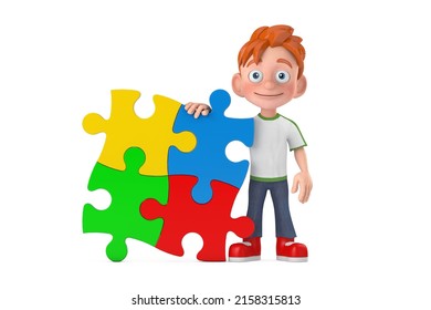 Cartoon Little Boy Teen Person Character Mascot with Four Pieces of Colorful Jigsaw Puzzle on a white background. 3d Rendering 