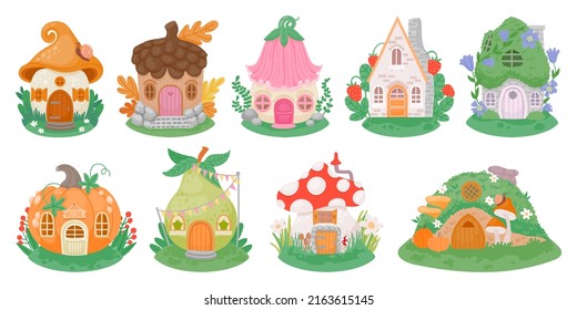 Cartoon little fantasy houses for fairies, elves, gnomes or dwarfs. Mushroom, pumpkin and flower cute fairytale homes in forest  set. Illustration of fantasy house and little funny magical home