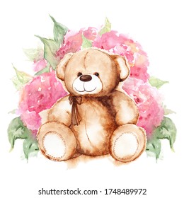 Cartoon lovely Teddy Bear toy Saint Valentine's day rose peony flower art isolated