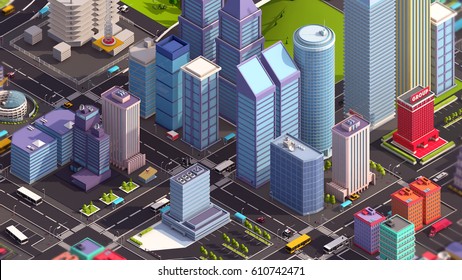 Cartoon Low Poly Isometric City 3d Illustration