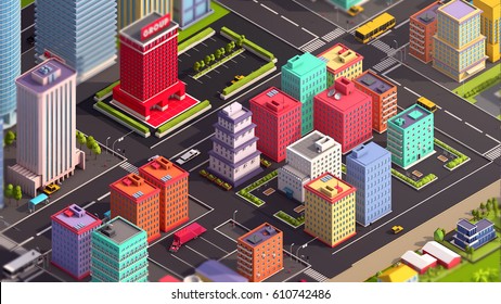 Cartoon Low Poly Isometric City 3d Illustration