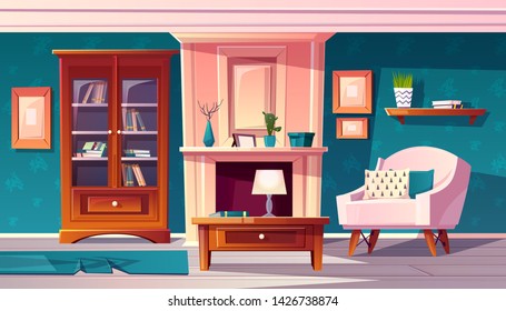 Cartoon Luxury Cabinet With Fireplace And Molding On Wall. Rich Room With Bookshelf And Secretaire. Fancy Blue, Expensive Interior With Furniture In Baroque Or Rococo Style.