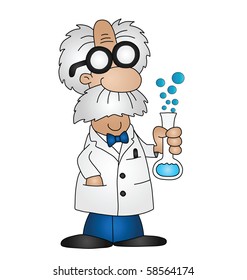 Cartoon Mad Scientist Isolated On White Background With Copy Space