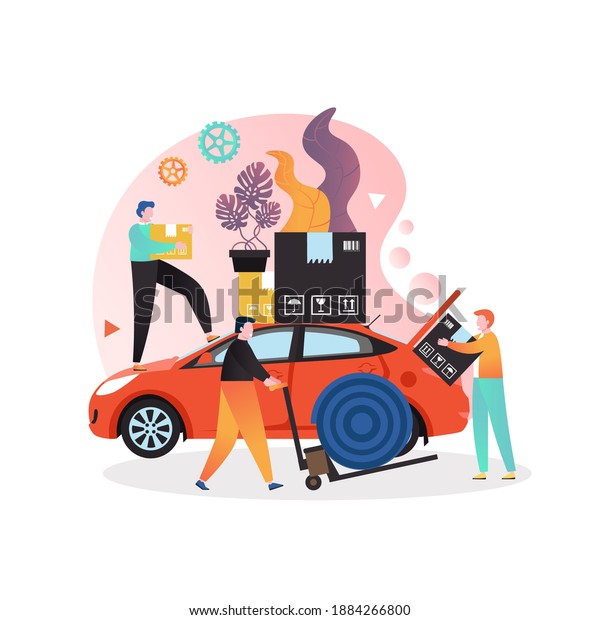 Cartoon male characters\
loaders loading cardboard boxes and other things into the car,\
illustration. Moving relocation services concept for web banner,\
website page\
etc.