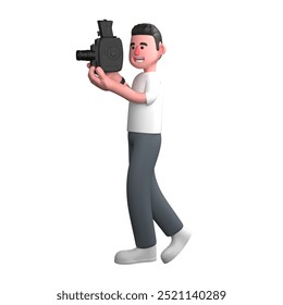 Cartoon Male Photographer. A male photographer is walking holding an analog film camera and his expression looks happy with a big smile on his face. 3D Visual Media Professional - Powered by Shutterstock