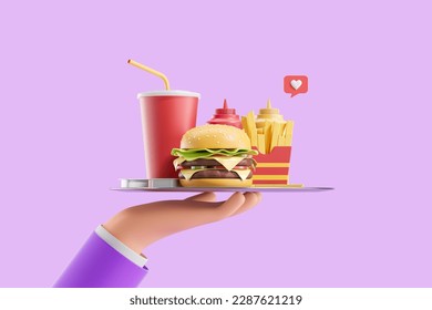 Cartoon man hand holding tray with fast food over purple background. Concept of fast food and nutrition. 3d rendering - Powered by Shutterstock