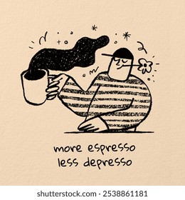 Cartoon man holding coffee cup, smiling. Coffee, espresso, and happiness theme. Black and white illustration with playful, whimsical style. Coffee lover's delight. Quote background. - Powered by Shutterstock