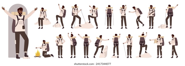 Cartoon man holding map, backpack and hike sticks trekking, climbing on nature rocks, hiker pointing. African american black male tourist character in side, front and back view set illustration