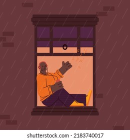 Cartoon Man Sitting In Apartment Window Sill Listening To Music On Headphones