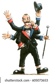 cartoon man with six arms, a 6-armed man