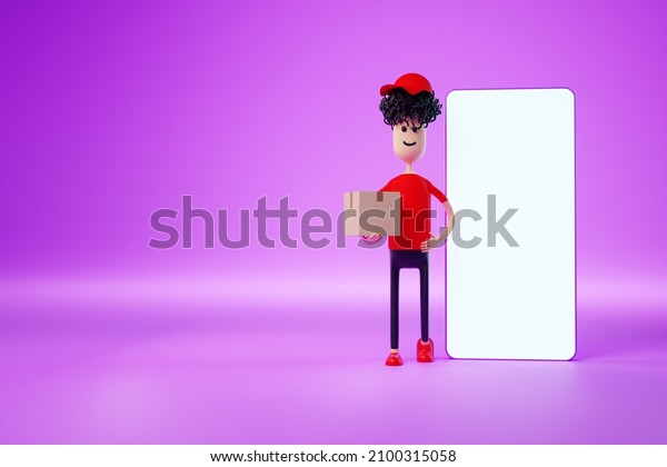 Cartoon man stands with cardboard boxes next\
to a smartphone with a blank screen. Moving assistance, online\
shopping delivery, moving app, mock-up for your design. 3D\
rendering, 3D\
illustration