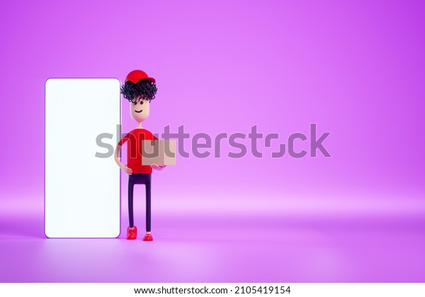 Cartoon man stands with cardboard boxes next\
to a smartphone with a blank screen. Moving assistance, online\
shopping delivery, moving app, mock-up for your design. 3D\
rendering, 3D\
illustration