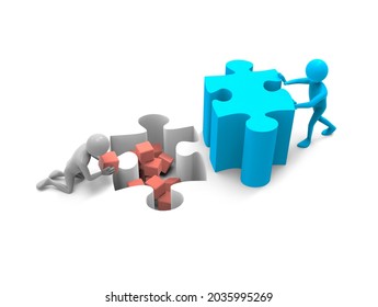 Cartoon man tries to solve the problem and another man spoiling it - 3D illustration
