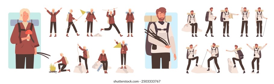 Cartoon man woman separated travelers hiking, camping, kayaking and climbing, young camper characters enjoy tourism adventures together isolated. People tourists poses illustration set. - Powered by Shutterstock