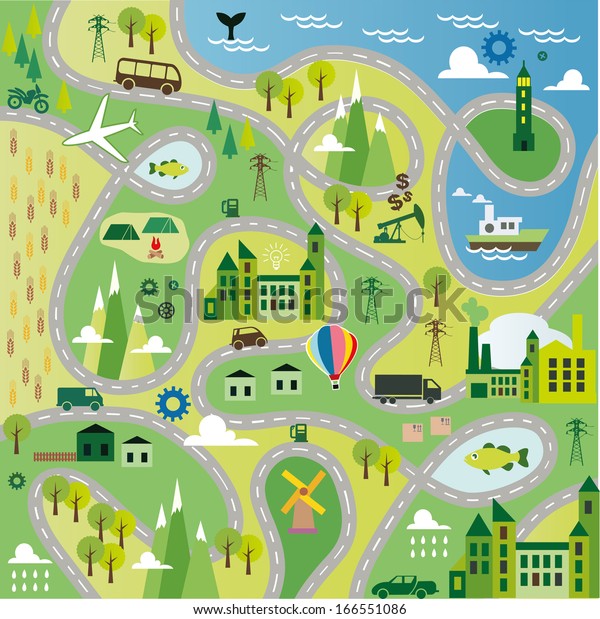 Cartoon Map Seamless Pattern Roads Stock Illustration 166551086