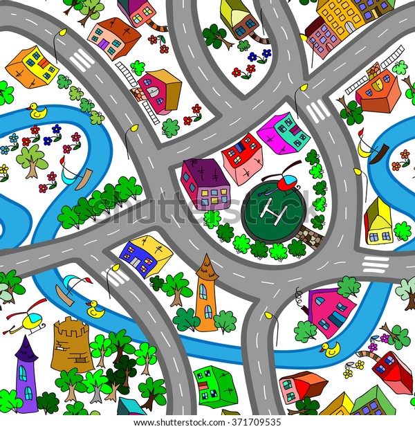 Cartoon\
map seamless pattern. (roads, cars and\
houses)