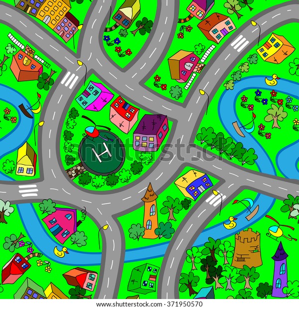 Cartoon
map seamless pattern. (roads, cars and
houses)