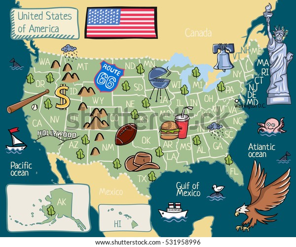 Cartoon map of United states of America