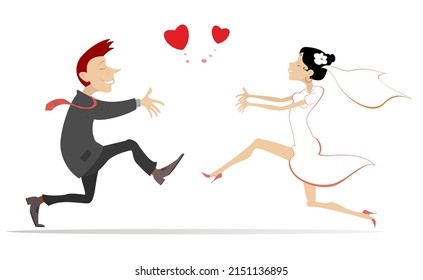 Cartoon married wedding couple. Heart symbols.
Happy man and woman with open arms running to meet one another isolated on white background
 - Powered by Shutterstock