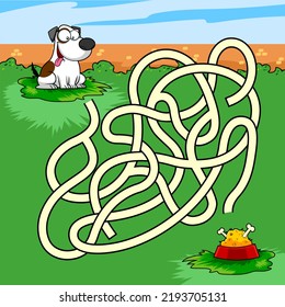 Cartoon Maze Game Education For Kids Help The Dog Get To The Food. Raster Hand Drawn Illustration With Background