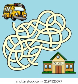 Cartoon Maze Game Education For Kids Help The School Bus Get To The School  Raster Hand Drawn Illustration With Background