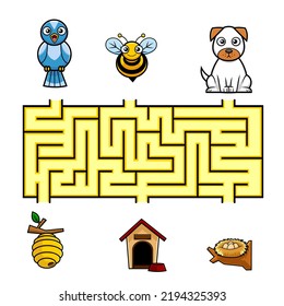 Cartoon Maze Game Education For Kids Help The Bird, The Bee, And The Dog To Reach Their Home. Raster Hand Drawn Illustration With White Background