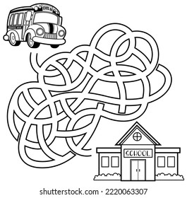 Cartoon Maze Game Education For Kids Help The School Bus Get To The School  Raster Hand Drawn Illustration Isolated On White Background