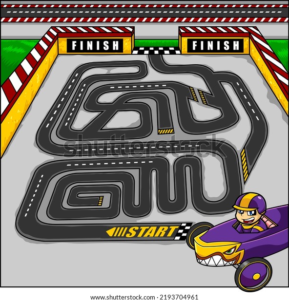Cartoon Maze Game Education For Kids Help A\
Sports Car Race To Reach The Final. Raster Hand Drawn Illustration\
With Background