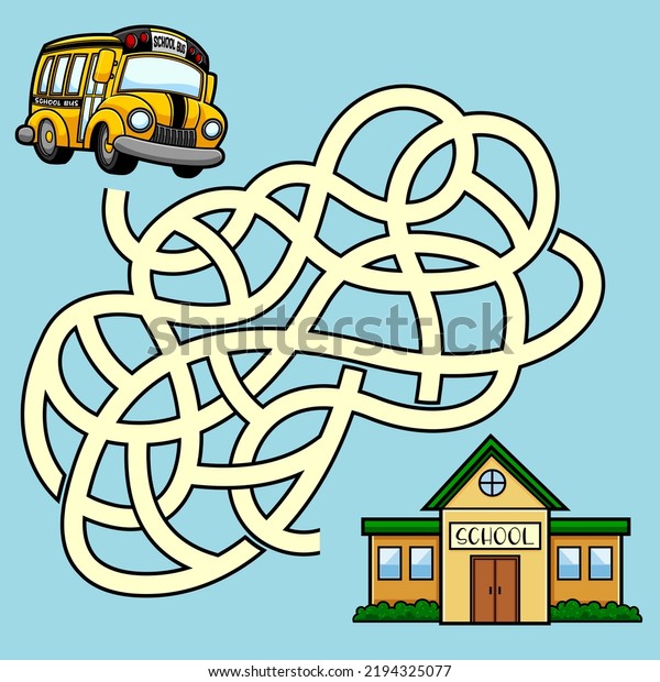 Cartoon\
Maze Game Education For Kids Help The School Bus Get To The School.\
Raster Hand Drawn Illustration With\
Background