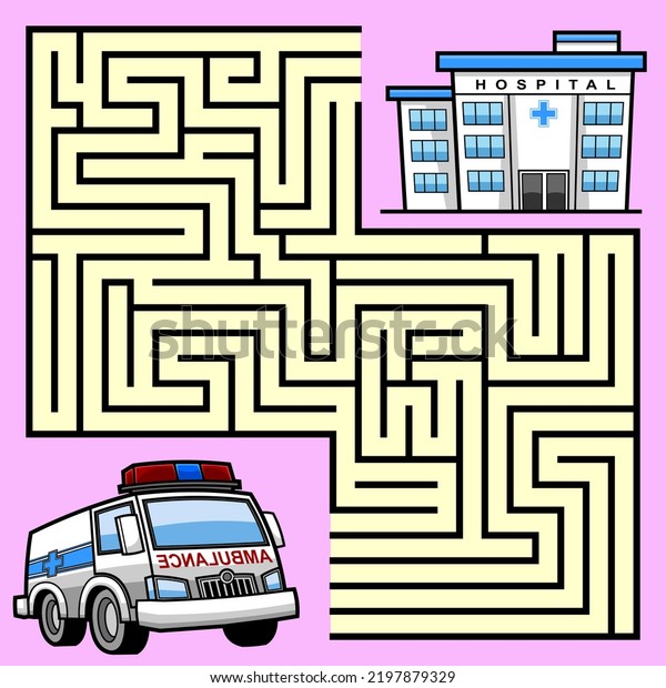Cartoon Maze Game Education For Kids Help The Ambulance\
Car To Get To The Hospital. Raster Hand Drawn Illustration Isolated\
