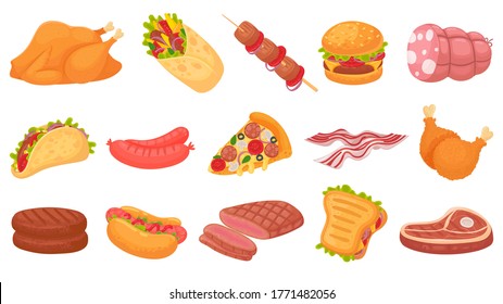 Cartoon Meat Food. Fried Chicken Legs, Burger And Grilled Steak. Beacon, Hot Dogs And Sausages. Burrito, Taco And Sandwich  Illustration Set. Steak Barbecue, Beef Cooking, Pizza And Drumstick